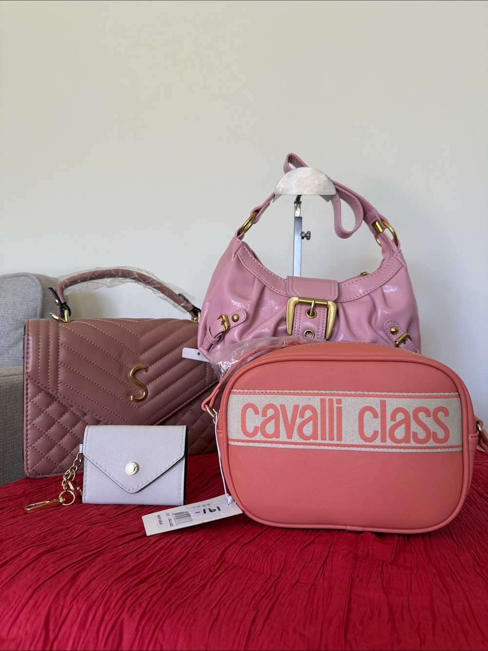 Cavalli Class and more 4 pc bundle Coral Pink Logo Crossbody Bag